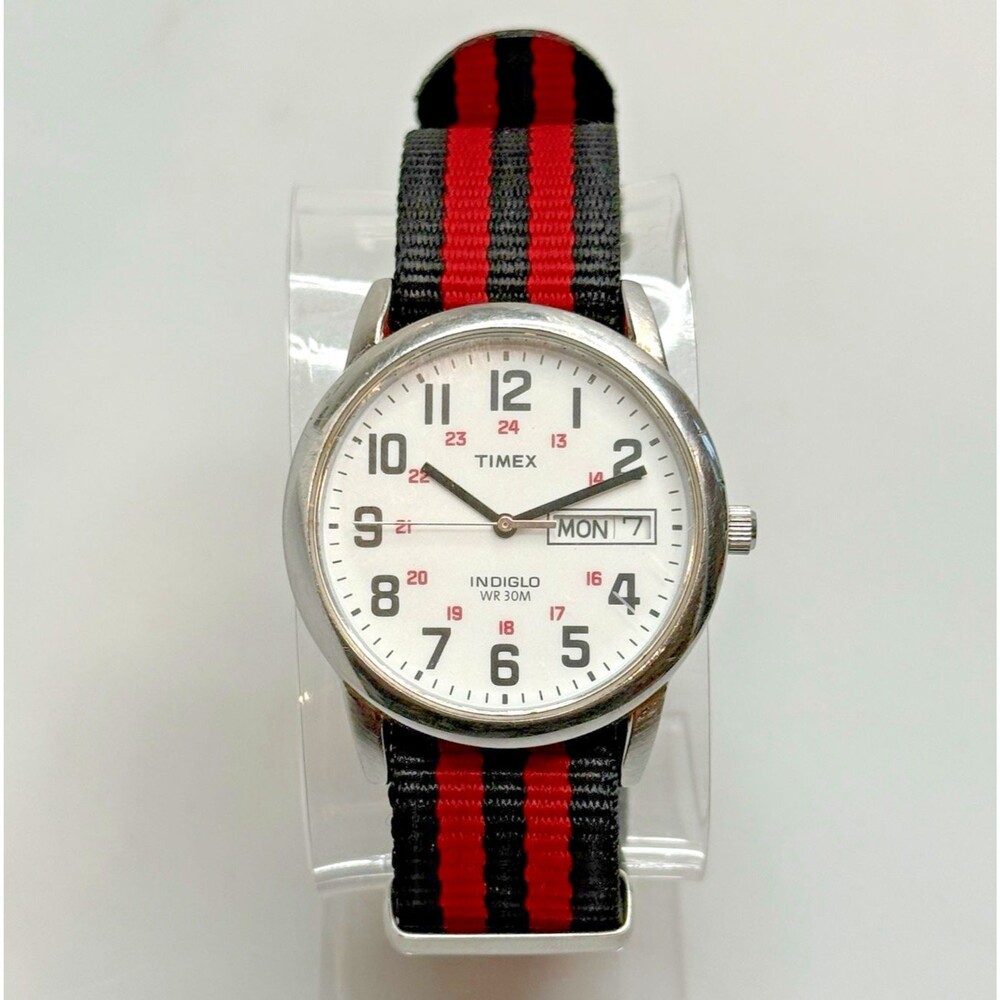 Timex Easy Reader T20461 Men's 35mm Watch Black Red Nylon EUC - Picture 2 of 12